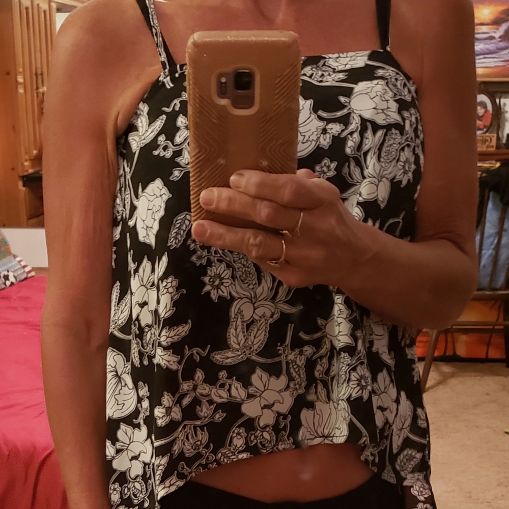 Sexy black and silver floral halter top. Open back, one button close. EUC